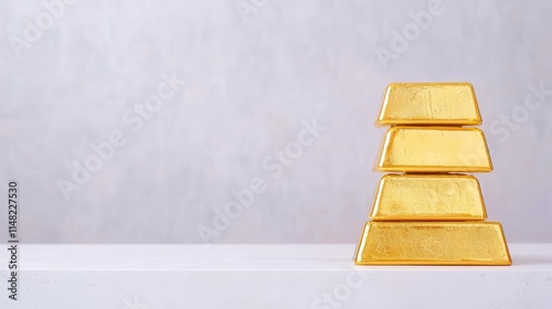 Stack of gold bars on a modern white table, luxury and wealth, financial growth photo