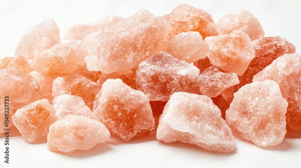 A Close-Up View of Pink Himalayan Rock Salt Crystals Piled on a White Surface, Showcasing Their Natural Color and Texture for Culinary and Wellness Uses A Close-Up View of Pink Himalayan Rock Salt Crystals Piled on a White Surface, Showcasing Their Natural Color and Texture for Culinary and Wellness Uses