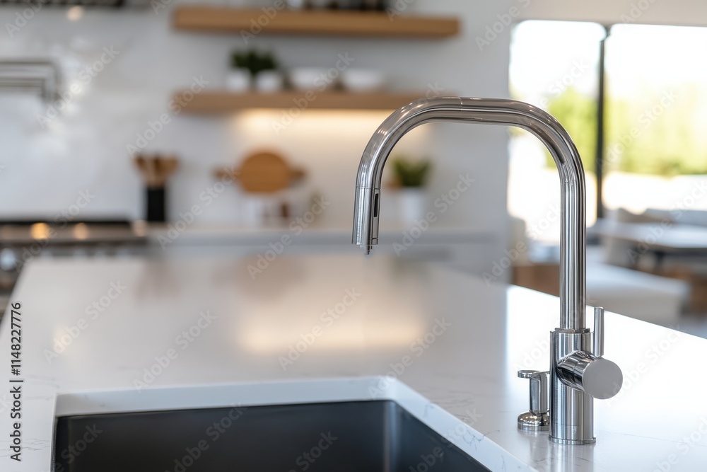 A stylish and modern kitchen faucet blends seamlessly into a contemporary kitchen countertop, emphasizing elegance and functionality in home design. A stylish and modern kitchen faucet blends seamlessly into a contemporary kitchen countertop, emphasizing elegance and functionality in home design.