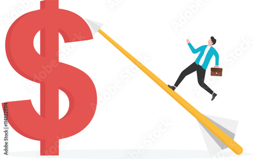 Businessman holding bow and arrow ready for archery dollar
