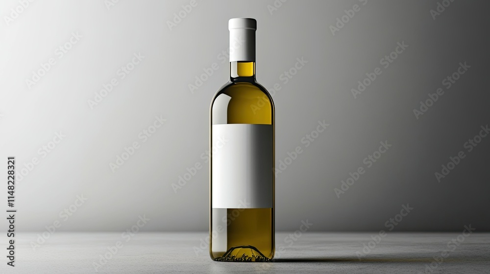 Elegant white wine bottle with a blank label placed on a smooth surface against a minimalistic gray background showcasing a refined and sophisticated aesthetic Elegant white wine bottle with a blank label placed on a smooth surface against a minimalistic gray background showcasing a refined and sophisticated aesthetic