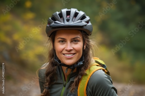 Portrait of a smiling woman with a bicycle helmet in the forest