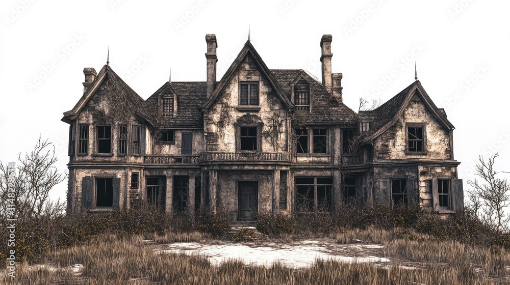 Abandoned Victorian Mansion Surrounded by Overgrown Grass and Trees, Eerie Atmosphere of Decay and Desolation in a Captivating Landscape Abandoned Victorian Mansion Surrounded by Overgrown Grass and Trees, Eerie Atmosphere of Decay and Desolation in a Captivating Landscape
