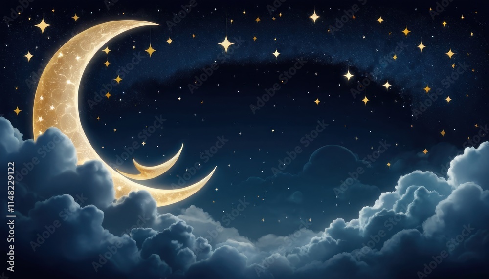 Naklejka premium Eid al fitr crescent moon cloudscape night stars