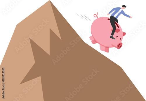 Businessman follows the piggybank to the bottom of the mountain

