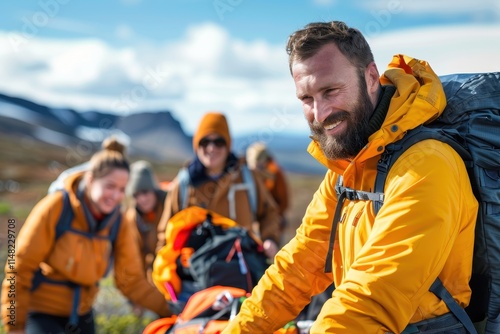 A group of outdoor enthusiasts in vibrant jackets enjoy their adventure in nature, showcasing camaraderie and exploration amid stunning landscapes. photo