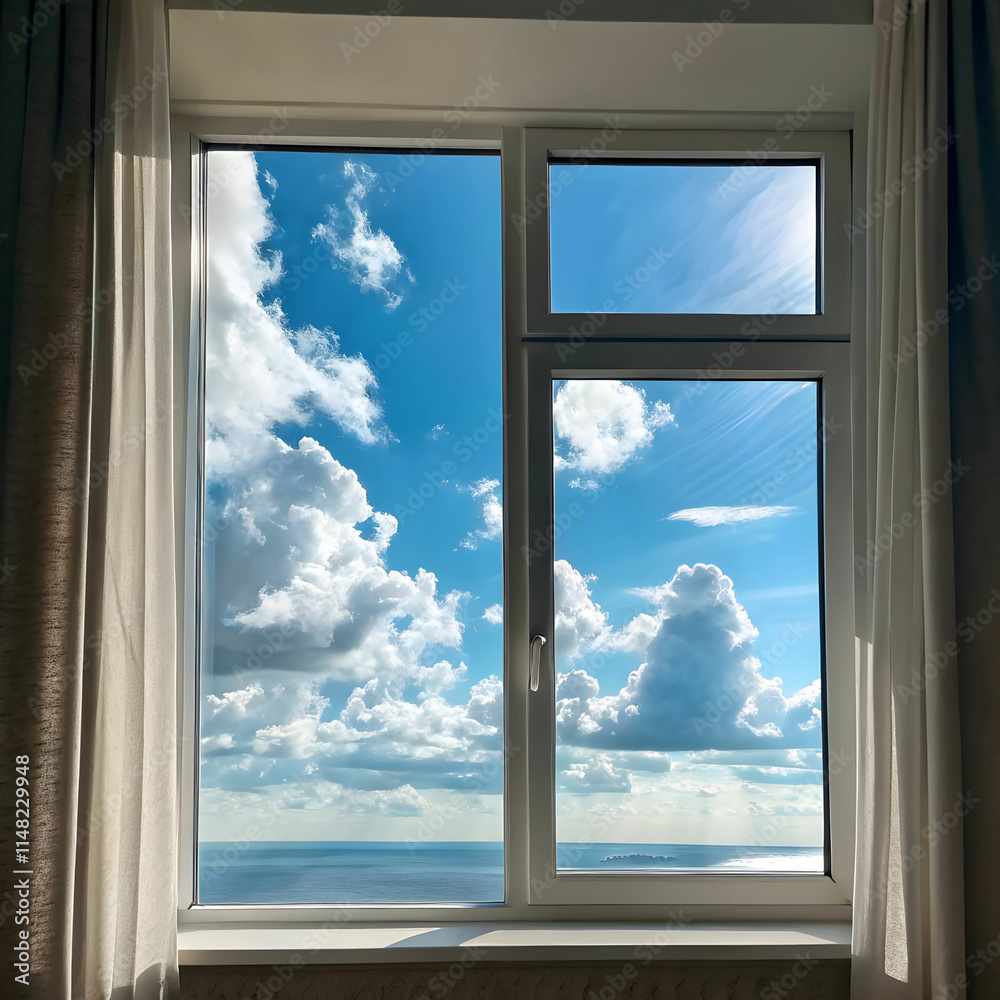 window of room overlooking blue sky with white cloud window of room overlooking blue sky with white cloud
