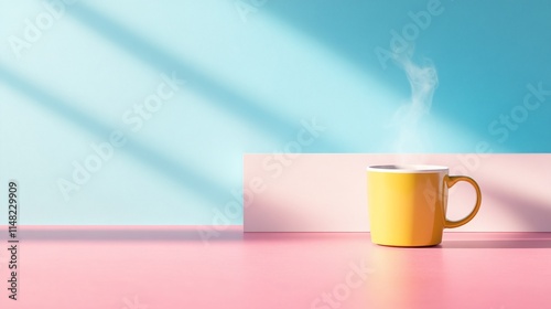 Steaming hot coffee in yellow mug on pink table with blue wall and sunlight.