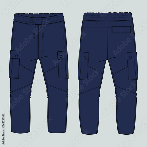 Navy Color Sweatpants template with pocket front  and back views isolated on white background