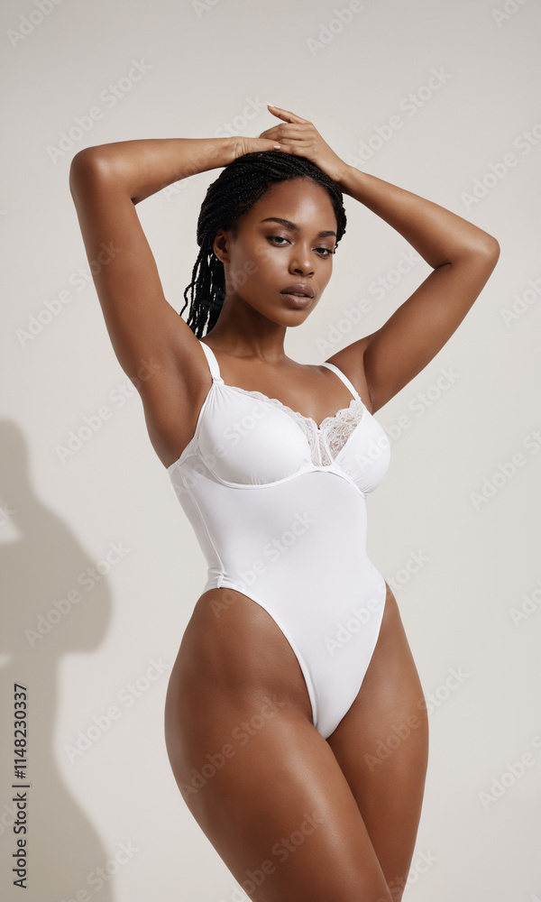 Obraz premium an adult woman, black woman or African American or African, ponytail curly hair, hands arms up on the head, posing, wearing white underwear, feeling comfortable