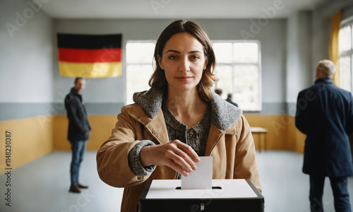 an adult woman, German woman, goes to vote, voters in the polling station cast their vote in the federal election in Germany, ballot paper in hand throwing into the ballot box