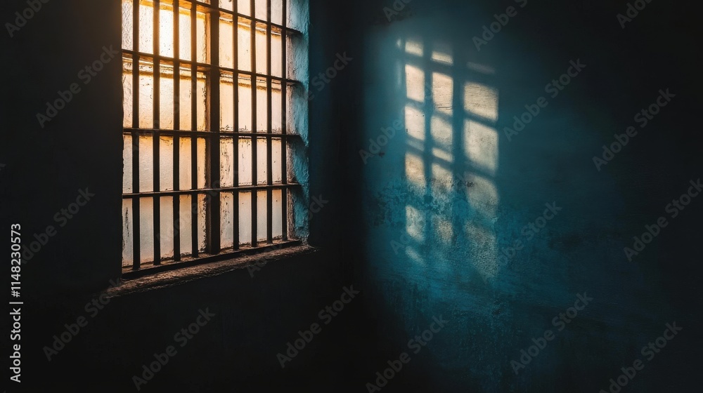 Sunlit Prison Window, Bars, Shadow, Wall, Light, Hope, Dark, Room, Confinement, Despair Sunlit Prison Window, Bars, Shadow, Wall, Light, Hope, Dark, Room, Confinement, Despair