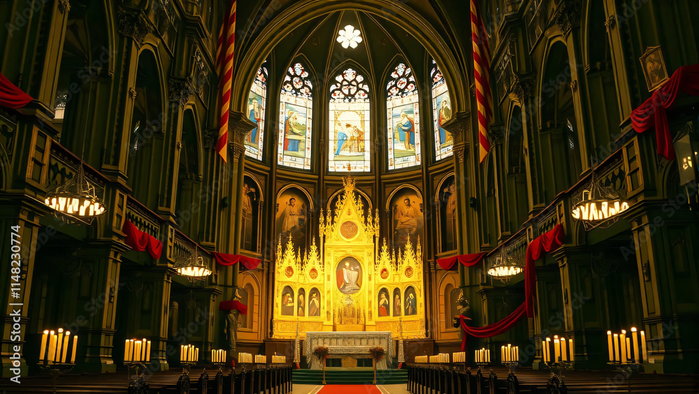 Obraz premium A majestic church interior with intricate stained glass windows, ornate altar, and rows of candles casting a warm glow