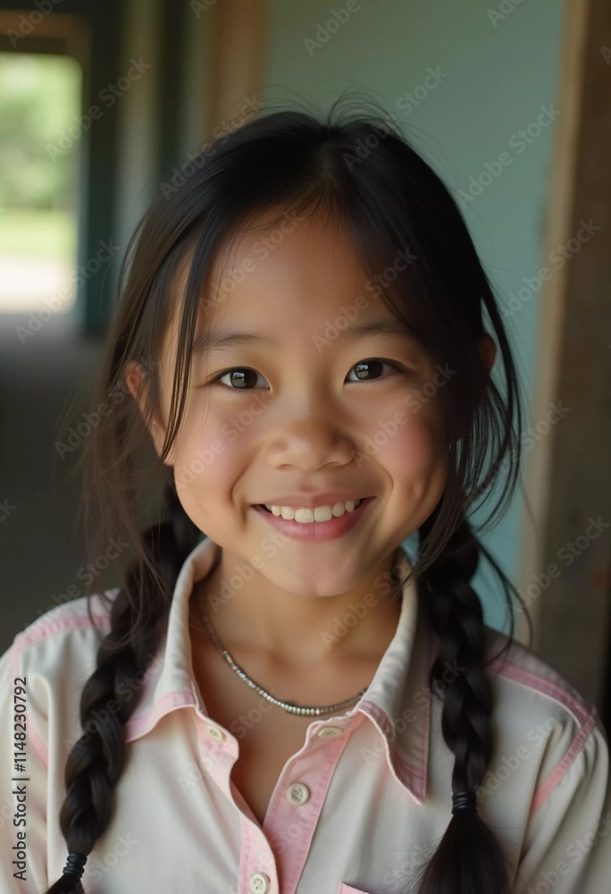 A cheerful girl with braided hair stands in a rustic setting in Thailand, smiling brightly. Sunlight illuminates her joyful expression as she enjoys the moment. Generative AI A cheerful girl with braided hair stands in a rustic setting in Thailand, smiling brightly. Sunlight illuminates her joyful expression as she enjoys the moment. Generative AI
