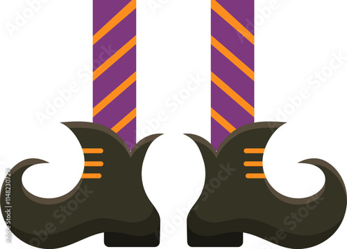 Witch legs with purple and orange striped stockings and black pointy shoes wearing for halloween party, colorful vector illustration in flat cartoon style isolated on white background