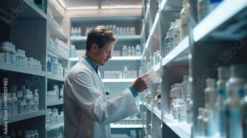 Pharmacist meticulously organizing medications in a well-stocked pharmacy late in the afternoon