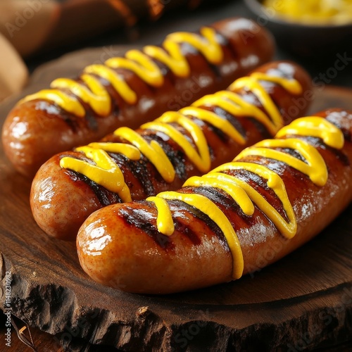 Traditional German sausages, grilled and mustardy photo