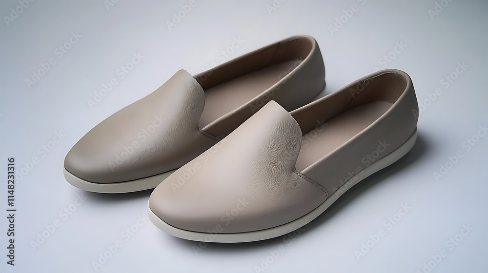 Beige slip-on shoes.