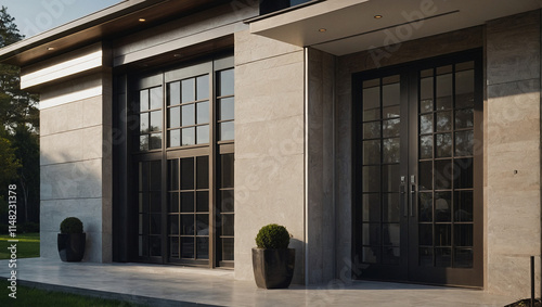 Modern house exterior showcasing light beige concrete walls, dark-framed windows and doors, and two potted shrubs flanking the entrance.  The setting appears tranquil and well-maintained. photo