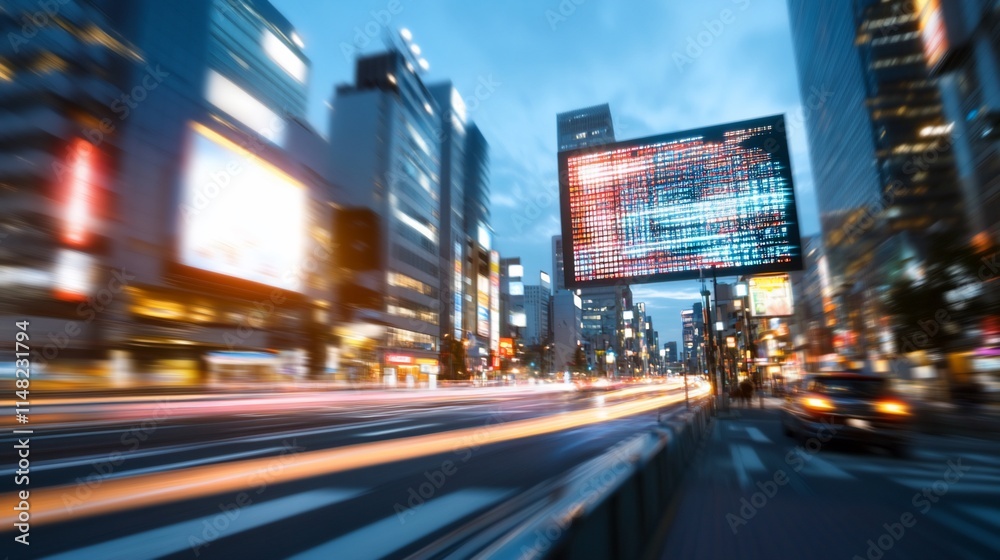 Blurred city street at night with digital billboard. Blurred city street at night with digital billboard.