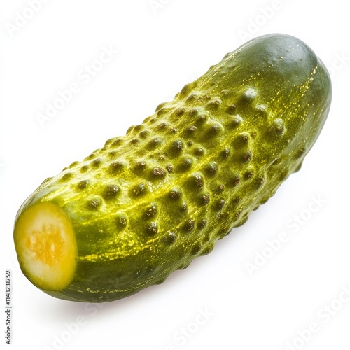 A fresh green pickling cucumber slice on white. photo