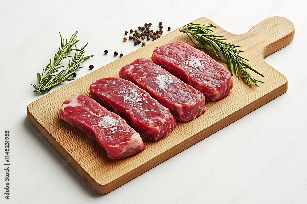 Four raw beef steaks seasoned with salt and pepper on a wooden cutting board with rosemary sprigs. (1) Four raw beef steaks seasoned with salt and pepper on a wooden cutting board with rosemary sprigs. (1)