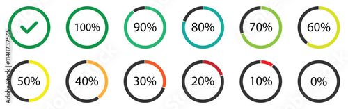 Circle graph percentage loading or infographics progress elements. Set of round diagrams icons from 0 to 100 percent. Color fill pie, pizza charts indicator template. pie chart vector illustration set