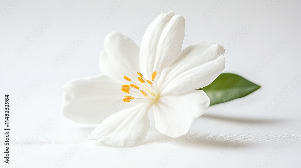 Beautiful Single White Flower with Delicate Petals and Green Leaf on Soft Background Highlighting Nature's Elegance and Serenity Perfect for Floral Themes Beautiful Single White Flower with Delicate Petals and Green Leaf on Soft Background Highlighting Nature's Elegance and Serenity Perfect for Floral Themes