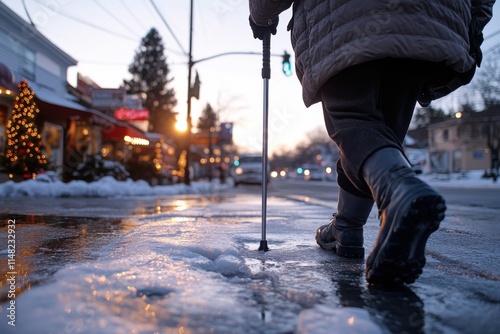 A determined elderly woman walks gracefully on an icy street with her cane at dusk, illustrating strength and resilience against the backdrop of a winter cityscape. photo