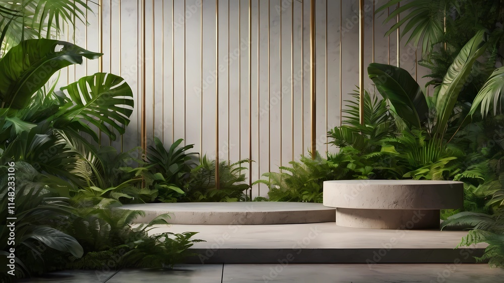 Podium background product green nature 3D forest stand white plant. Cosmetic background product podium display wood jungle studio garden beauty platform presentation mockup pedestal stone tropical Podium background product green nature 3D forest stand white plant. Cosmetic background product podium display wood jungle studio garden beauty platform presentation mockup pedestal stone tropical