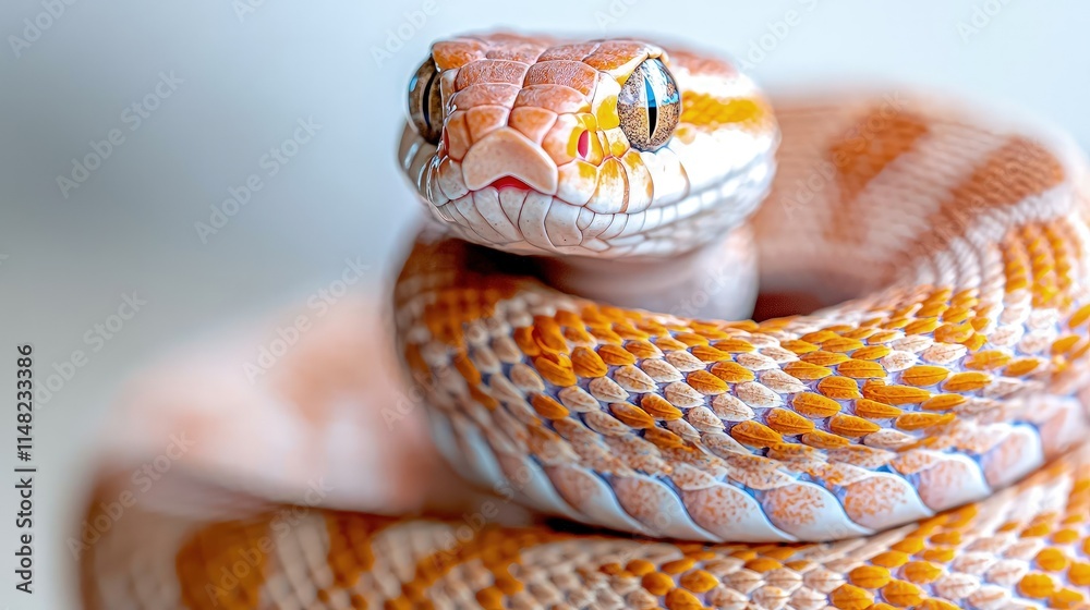 Fototapeta premium Close-up of a coiled orange and white snake with intense gaze.