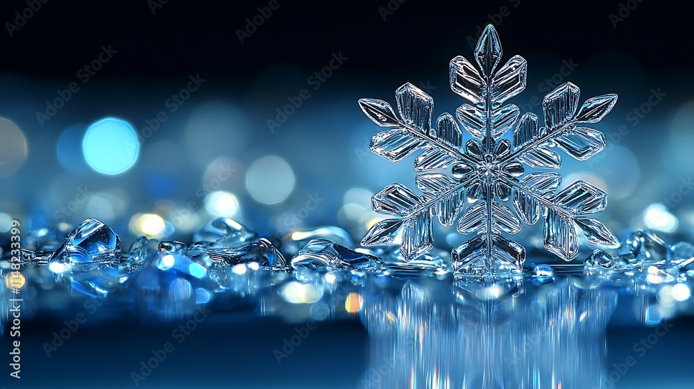 A clear snowflake sits on a bed of sparkling, blue ice crystals. A clear snowflake sits on a bed of sparkling, blue ice crystals.