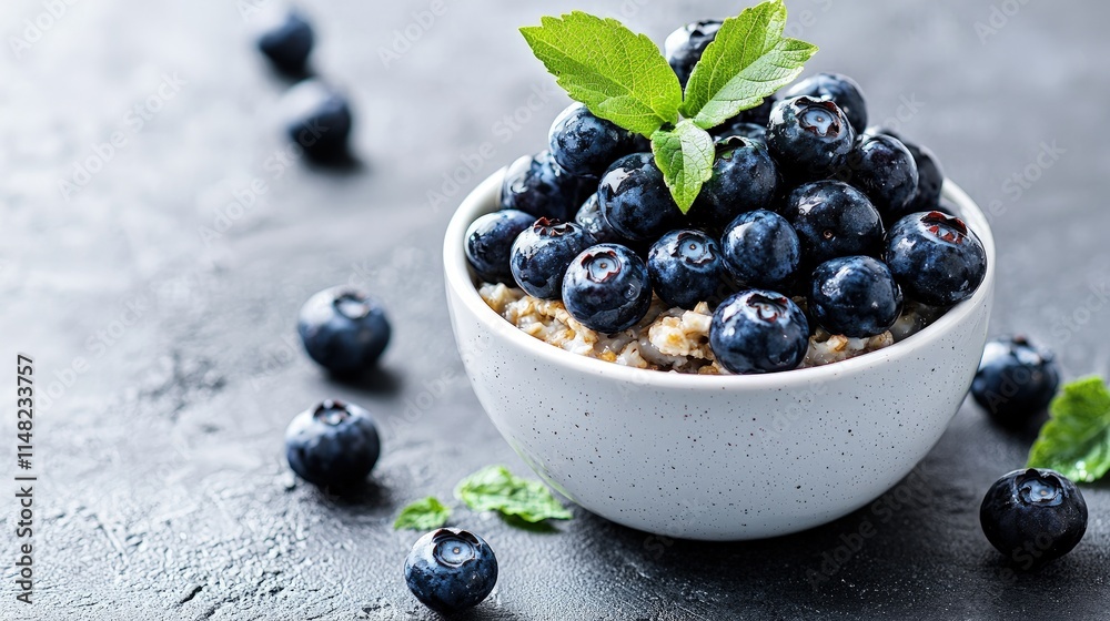 Bowl of oatmeal topped with fresh blueberries and mint leaves. Bowl of oatmeal topped with fresh blueberries and mint leaves.
