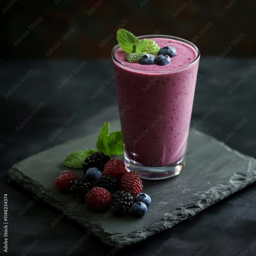 Blueberry smoothie with berries on rustic board. Blueberry smoothie with berries on rustic board.