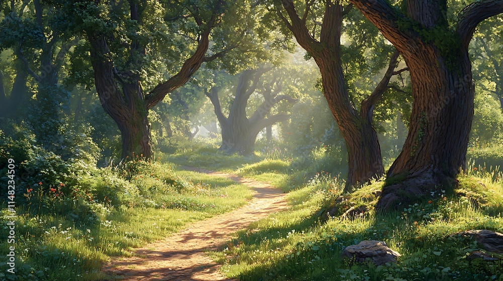 Path winds through lush green forest. Path winds through lush green forest.