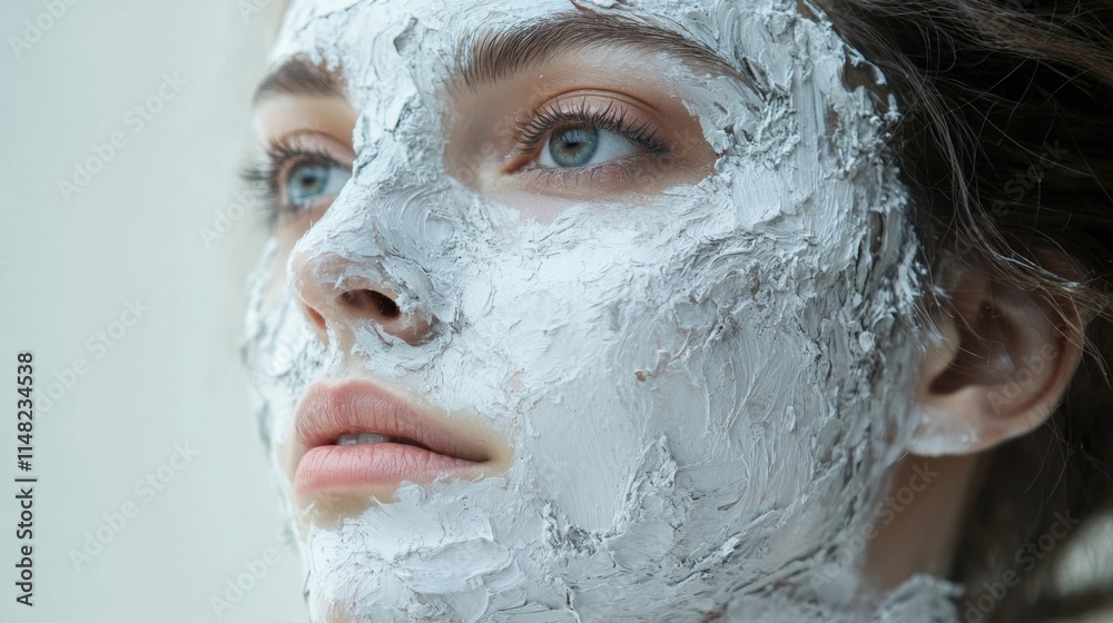 Fototapeta premium Close-up of a woman's face with a gray clay mask, serene expression.