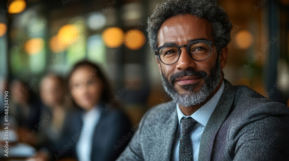 Confident businessman in a suit, smiling gently at the camera. Two blurred colleagues are in the background. Confident businessman in a suit, smiling gently at the camera. Two blurred colleagues are in the background.