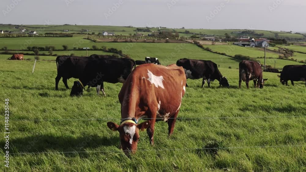 Several cows of different color patterns are seen grazing. The area is characterized by green pastures, a hilly landscape. Several cows of different color patterns are seen grazing. The area is characterized by green pastures, a hilly landscape.