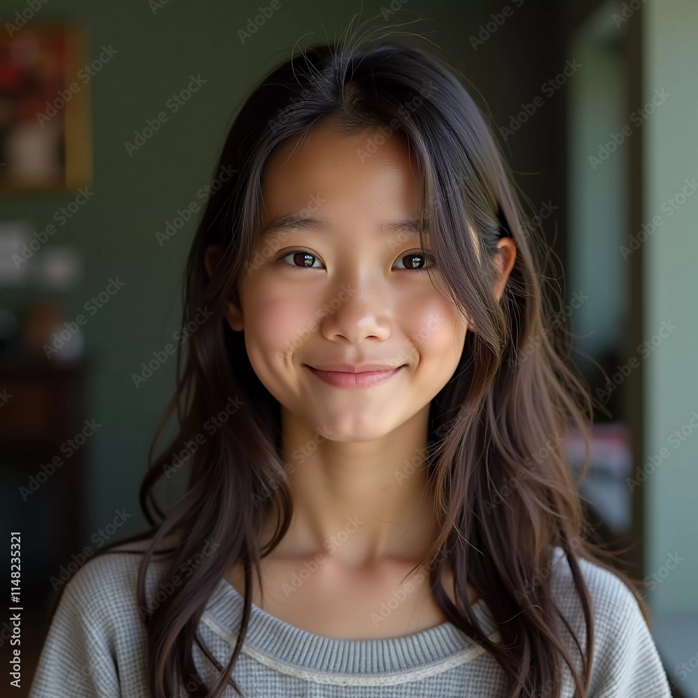 A girl from Thailand with long hair smiles warmly. She is in her living space, exuding joy and innocence in the tranquil atmosphere of her home. Generative AI A girl from Thailand with long hair smiles warmly. She is in her living space, exuding joy and innocence in the tranquil atmosphere of her home. Generative AI