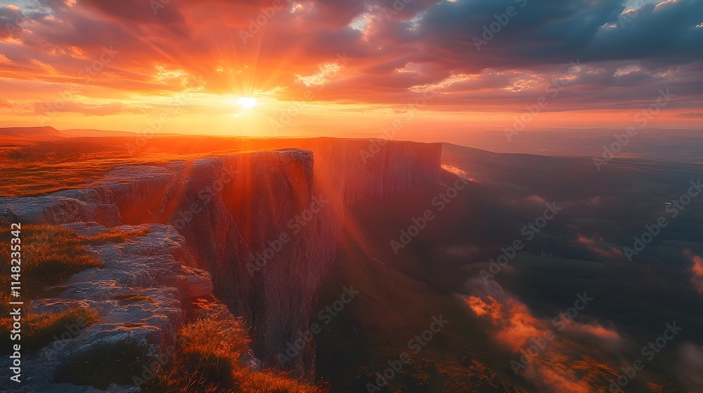Naklejka premium A majestic sunrise paints the sky in vibrant orange and red, golden light piercing rolling clouds. Rocky cliffs contrast the colorful sky as the sun slowly rises. Clouds shift, creating dynamic patter