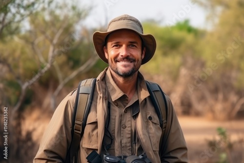 Handsome man in safari outfit with backpack and binoculars