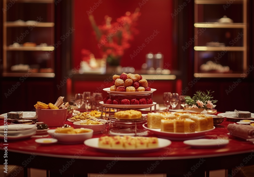 A beautifully arranged Chinese New Year's Eve dinner table with various dishes, including traditional delicacies such as dumplings and fish, against the backdrop of an elegant red wall decorated. A beautifully arranged Chinese New Year's Eve dinner table with various dishes, including traditional delicacies such as dumplings and fish, against the backdrop of an elegant red wall decorated.