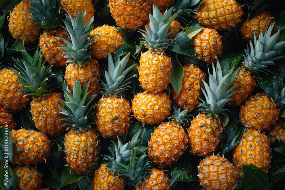 Many ripe pineapples nestled amongst vibrant green leaves Many ripe pineapples nestled amongst vibrant green leaves