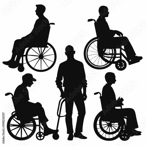Various men silhouette in a wheelchair in vector format only black color