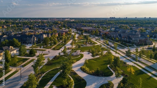 Aerial view of suburban neighborhood with winding park paths and houses.