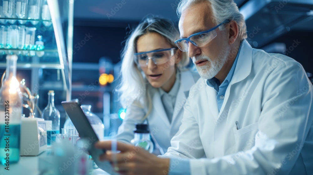 Two scientists collaborate in a modern lab, analyzing data on a tablet amidst various glassware and colorful liquids. Two scientists collaborate in a modern lab, analyzing data on a tablet amidst various glassware and colorful liquids.