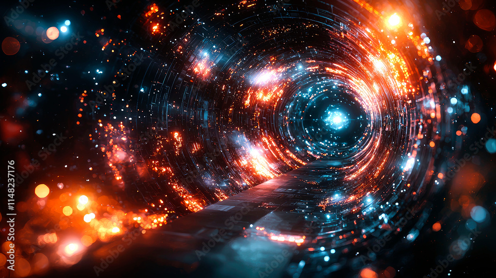 Fototapeta premium Abstract cosmic tunnel with glowing particles.