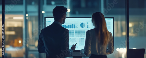 Business partnership analyzing budget charts in modern office environment at night