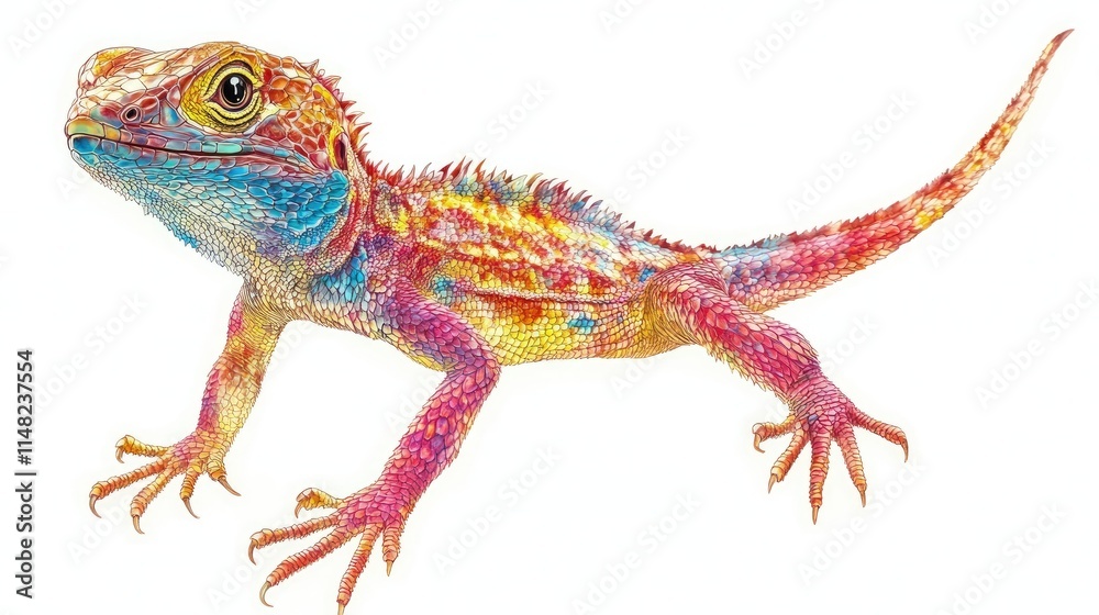 Naklejka premium Vibrant Colorful Lizard on White Background Showcasing Beautiful Patterns and Textures of Reptilian Skin in Stunning Detail and Clarity For Nature Enthusiasts and Educators