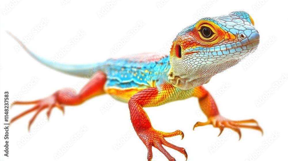 Obraz premium Colorful lizard on white background showcasing vibrant scales and intricate patterns, depicting nature's beauty and the diversity of reptilian species in a close-up view.